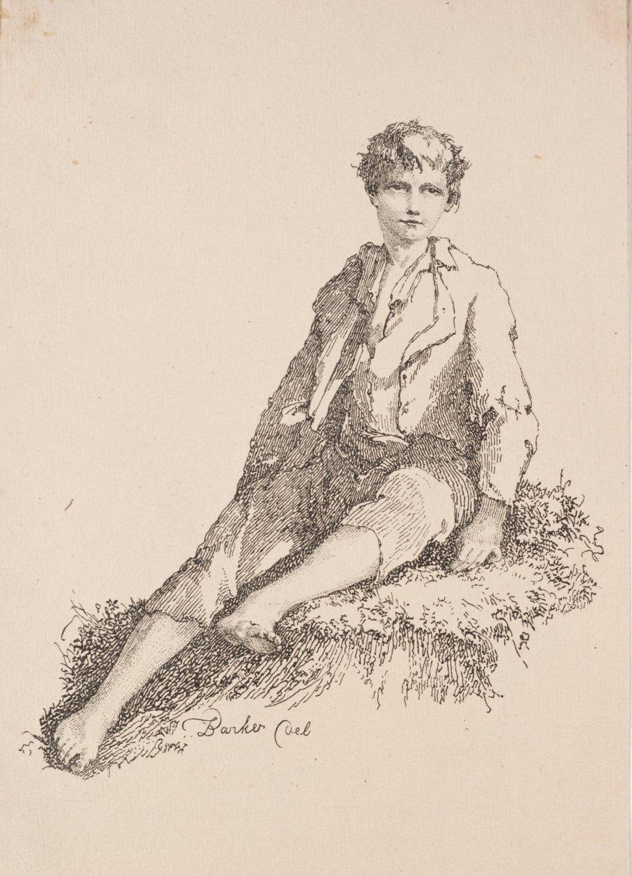 Beispiele der Polyautographie: Junge sitzt auf einer grasbewachsenen Bank von Thomas Barker