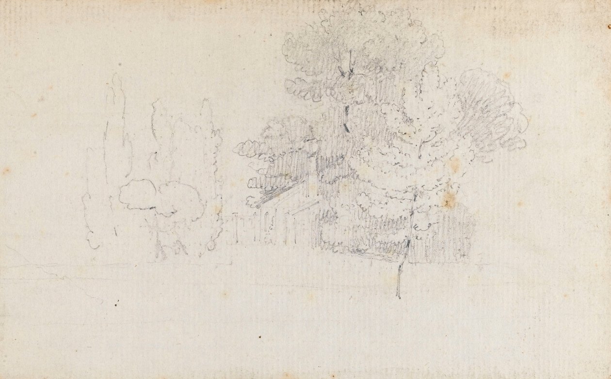 Studie von Bäumen und einem kleinen Gebäude auf dem Gelände von Merton Place von Thomas Baxter
