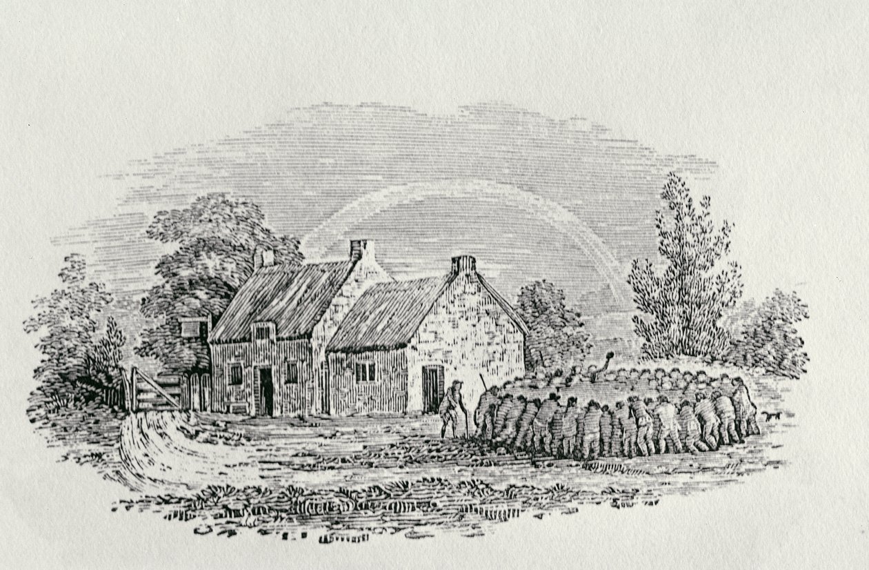 Hahnenkampf vor einem Gasthaus, ca. 1801, aus 