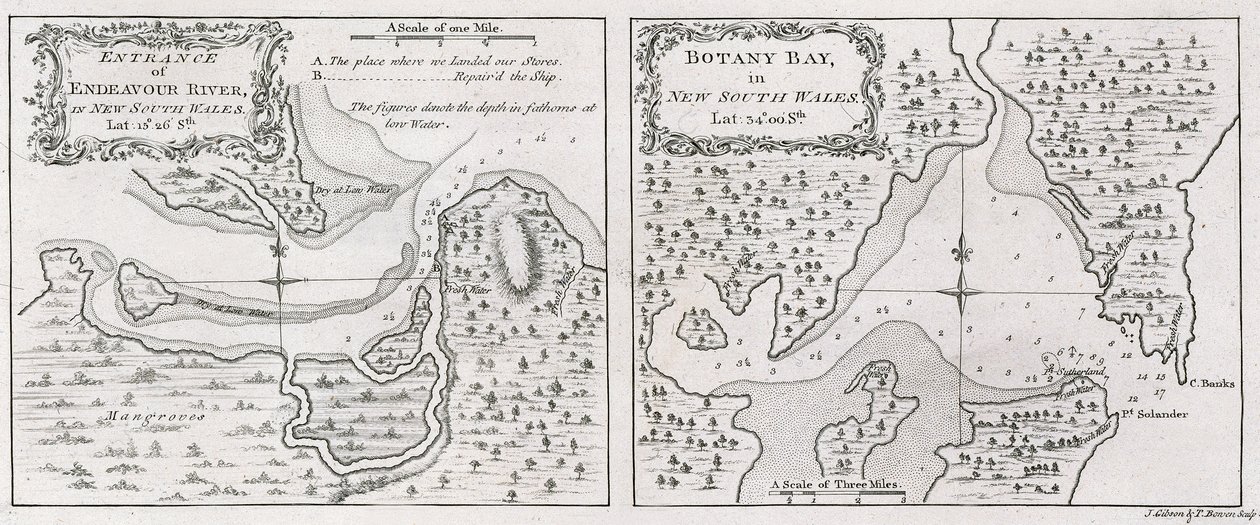 Karten von Captain James Cook: Eingang des Endeavour River und Botany Bay in New South Wales von Thomas Bowen