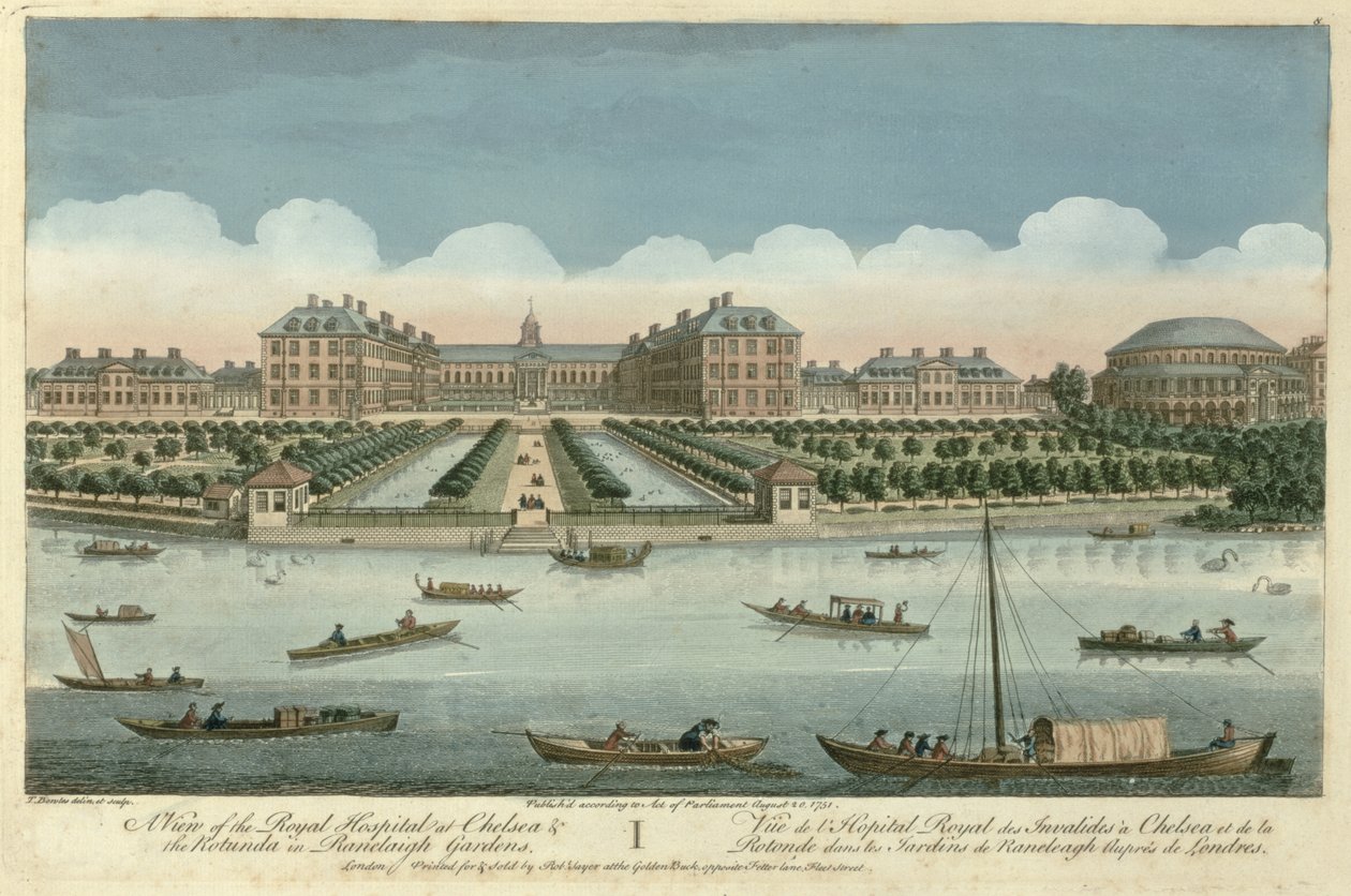 Ansicht des Royal Hospital in Chelsea und der Rotunde in den Ranelaigh Gardens, veröffentlicht von Robert Sayer, 1751 von Thomas Bowles