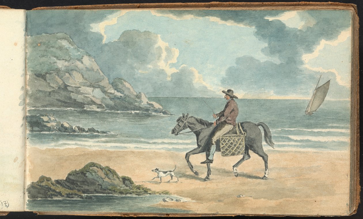 Album mit Landschafts- und Figurenstudien: Mann reitet ein Pferd am Strand von Thomas Bradshaw