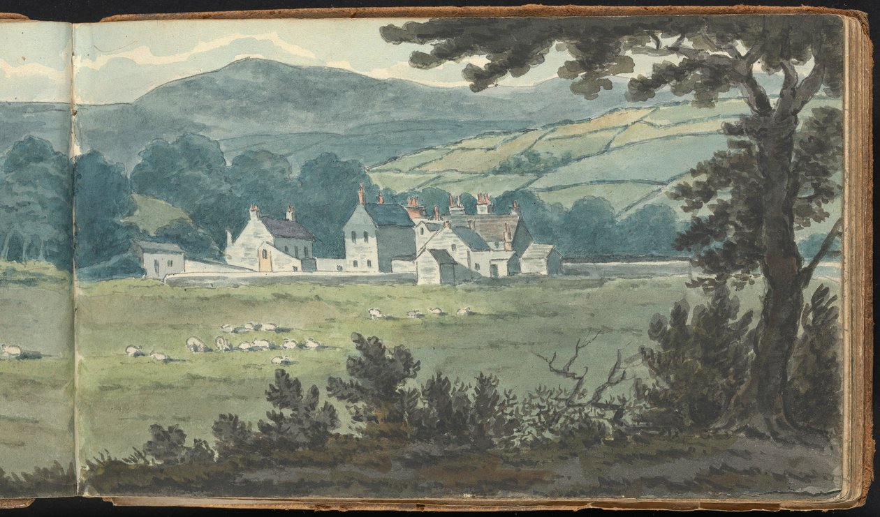 Album mit Landschafts- und Figurenstudien: Ländliche Landschaftsszene mit Bauernhof und weidenden Schafen von Thomas Bradshaw