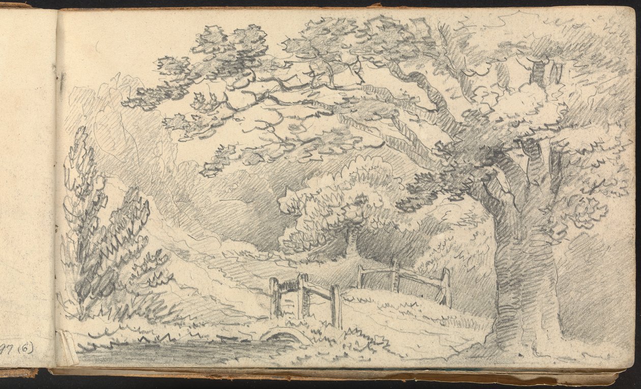 Album mit Landschafts- und Figurenstudien: Ländliche Landschaft mit einer Brücke von Thomas Bradshaw