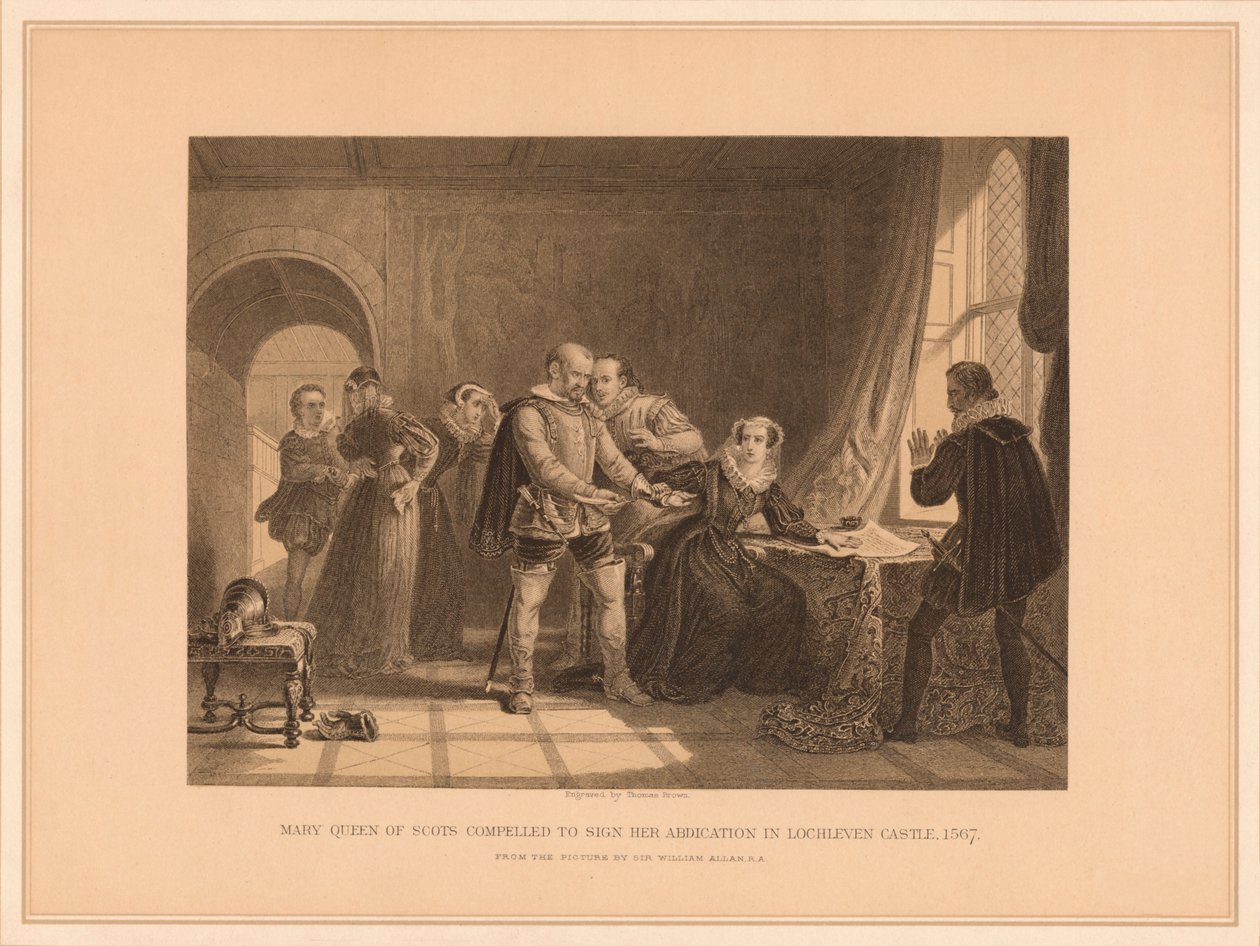 Maria Stuart gezwungen, ihre Abdankung in Schloss Lochleven zu unterschreiben, 1567, 1878 von Thomas Brown