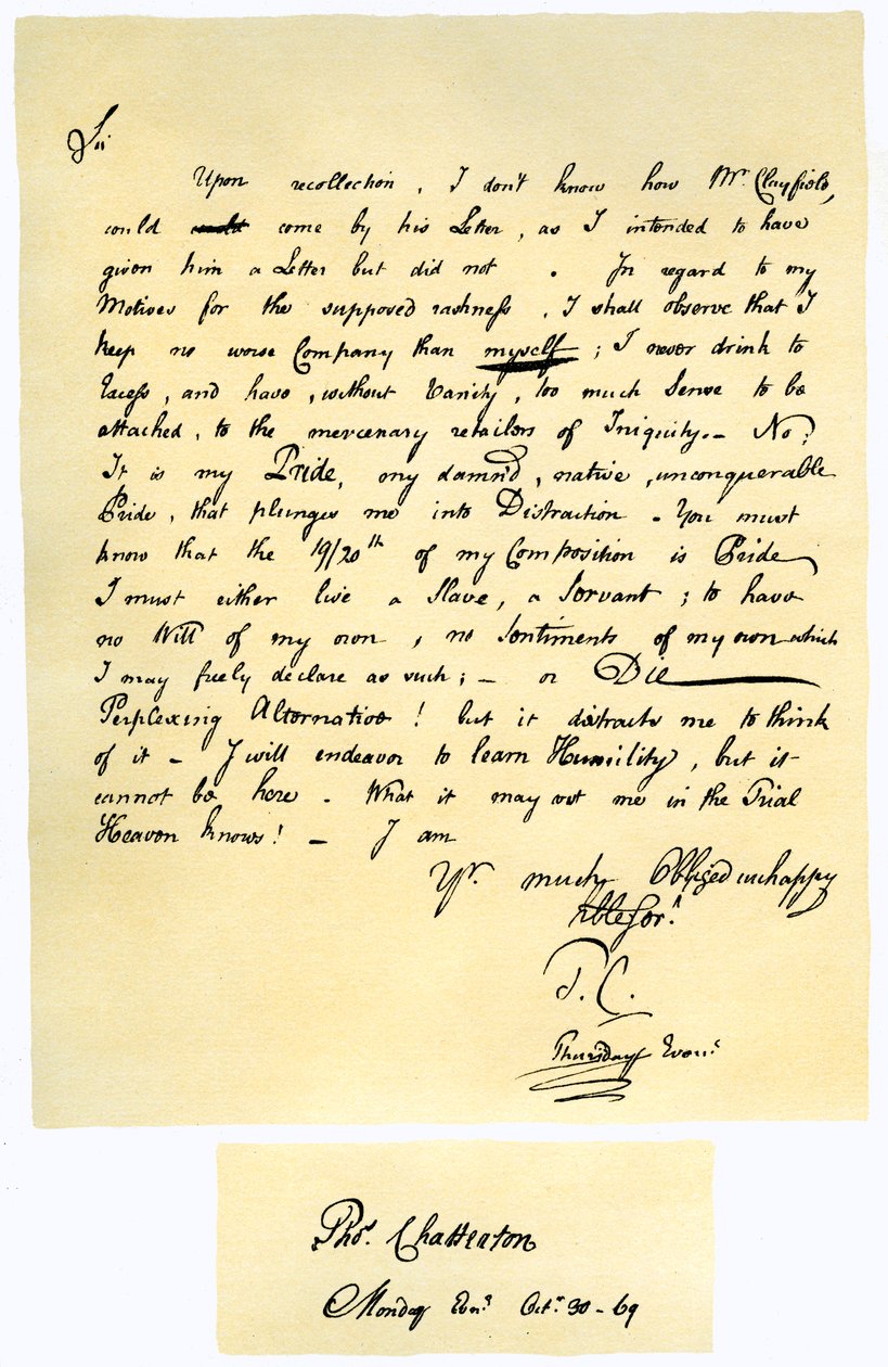Brief von Thomas Chatterton an William Barrett, 1769 von Thomas Chatterton
