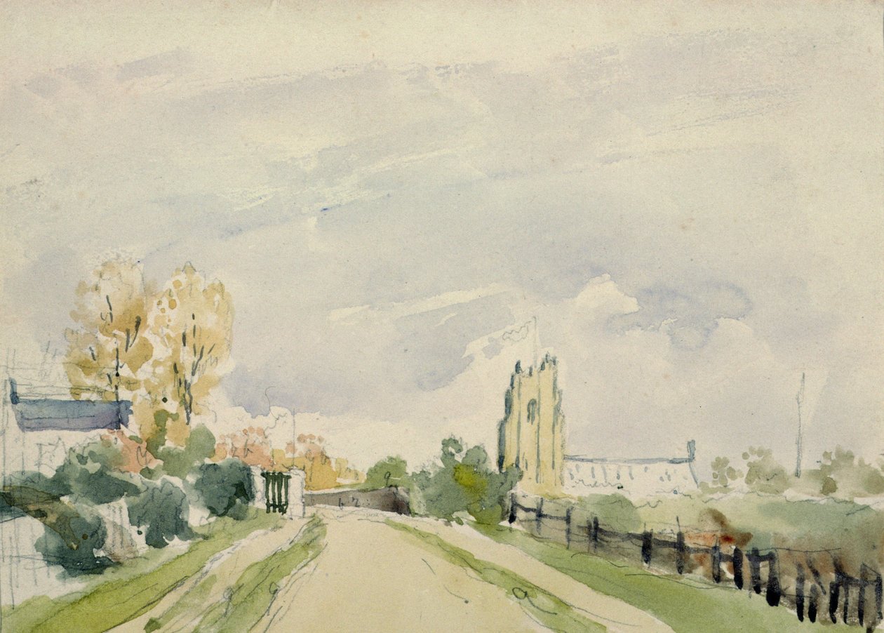 Landschaft in Suffolk, eine breite Straße mit einem kleinen Haus, einer Kirche und Bäumen von Thomas Churchyard