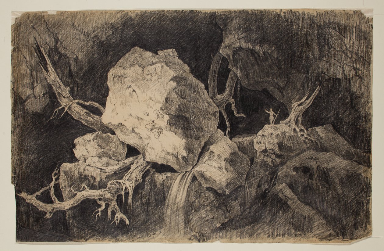 Jäger steht in einer Höhle nahe einem Felsen und Wasserfall von Thomas Cole