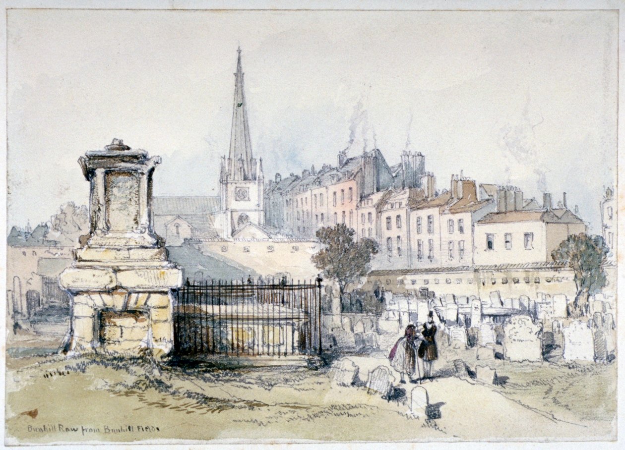 Ansicht von Bunhill Row von Bunhill Fields, Finsbury, Islington, London von Thomas Colman Dibdin