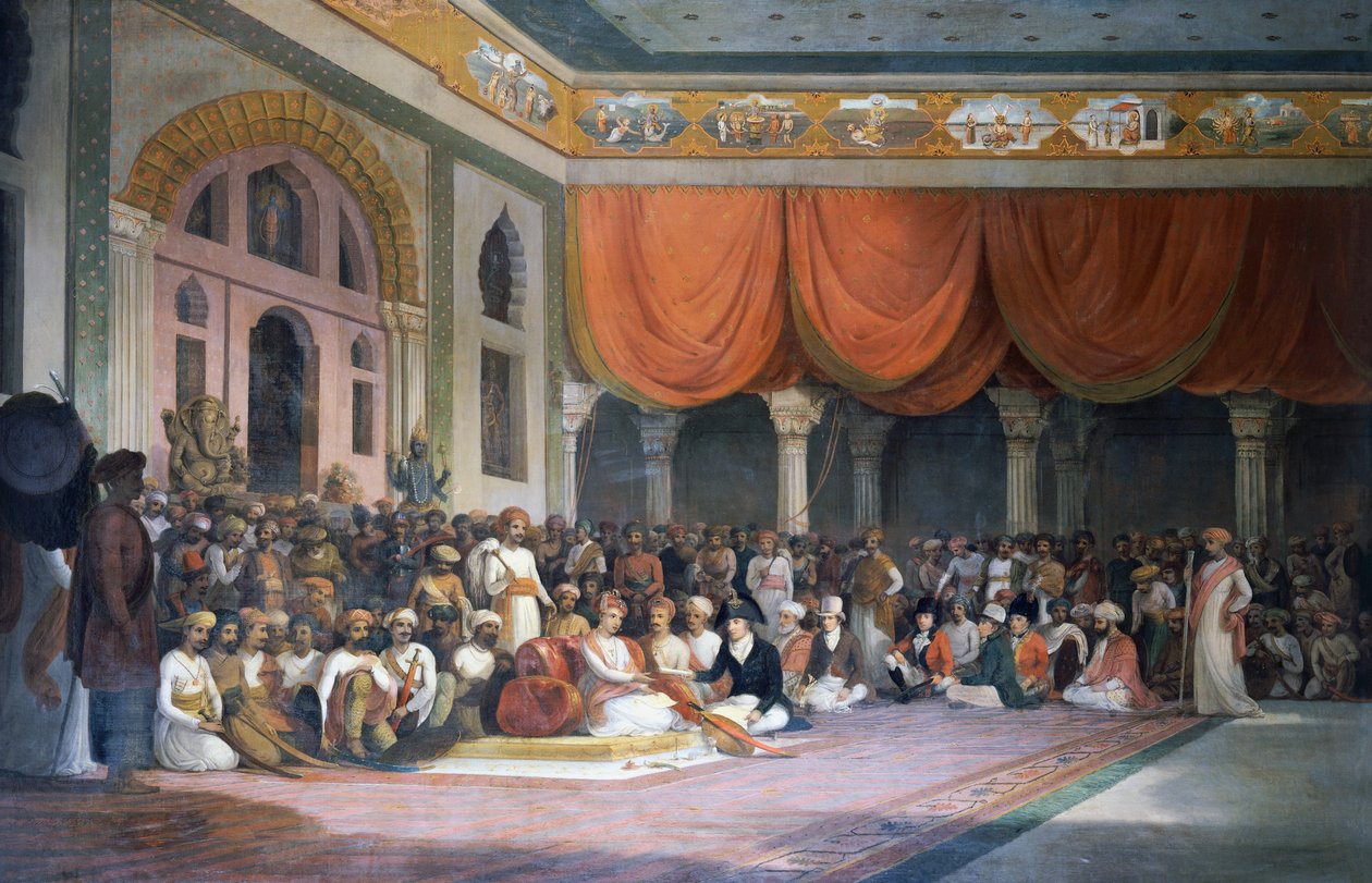 Charles Warre Malet schließt Vertrag mit dem Peshwa des Maratha-Reiches im Jahr 1790 in Durbar von Thomas Daniell