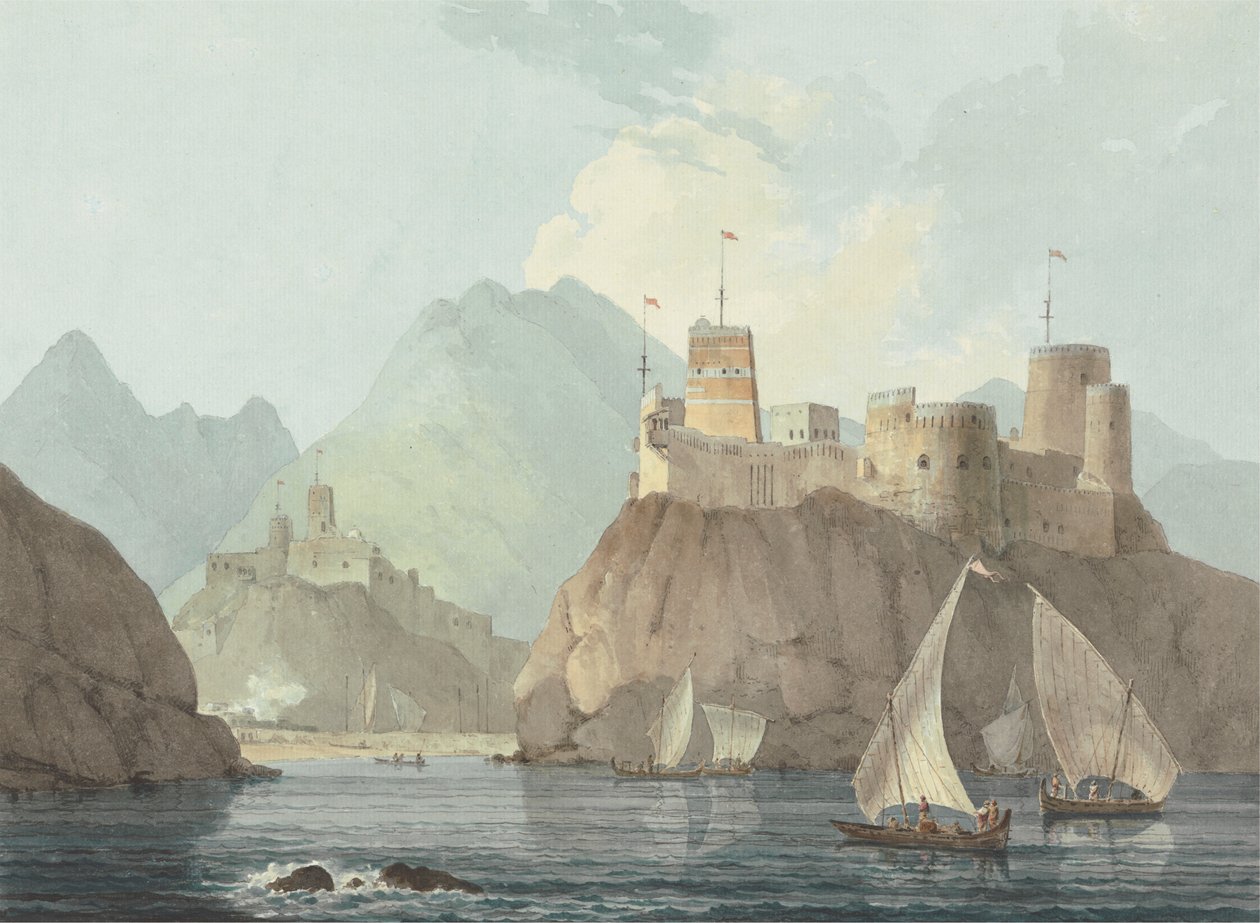 Ostansicht der Forts Jellali und Merani, Muskat von Thomas Daniell