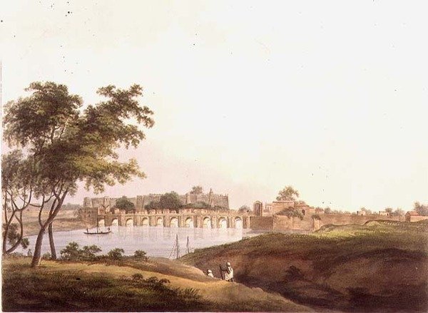 Die Brücke bei Juonpore, Bengalen, graviert von H. Merke von Thomas Daniell