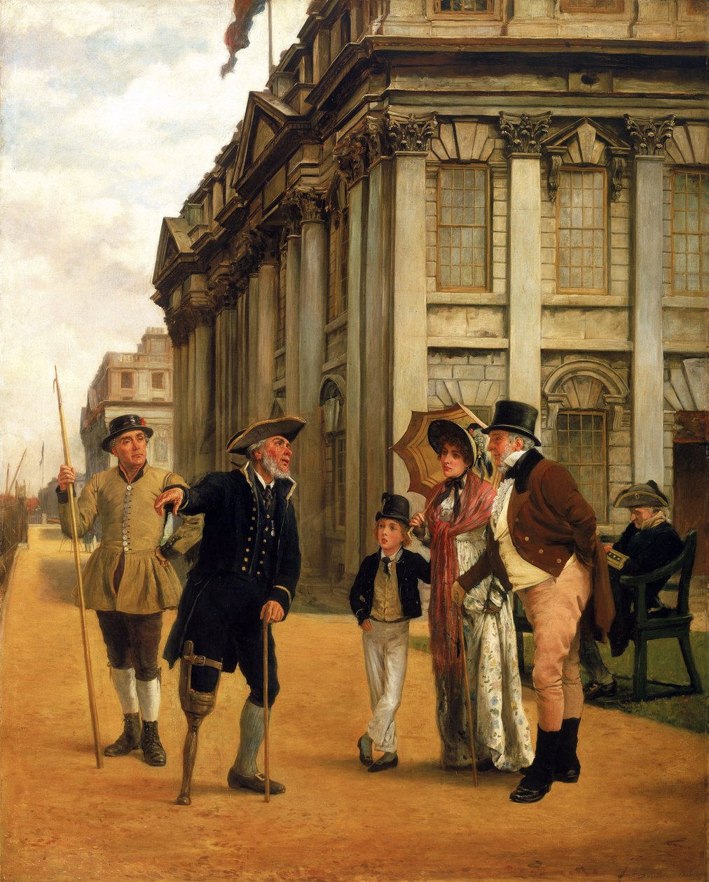 Die Geschichte der Bewohner, vor dem King Charles Court Gebäude im Greenwich Hospital, ein Bewohner mit Holzbein, der die reguläre Uniform trägt, spricht mit einem besuchenden Paar und ihrem Sohn, um sie herum zwei weitere Bewohner von Thomas Davidson