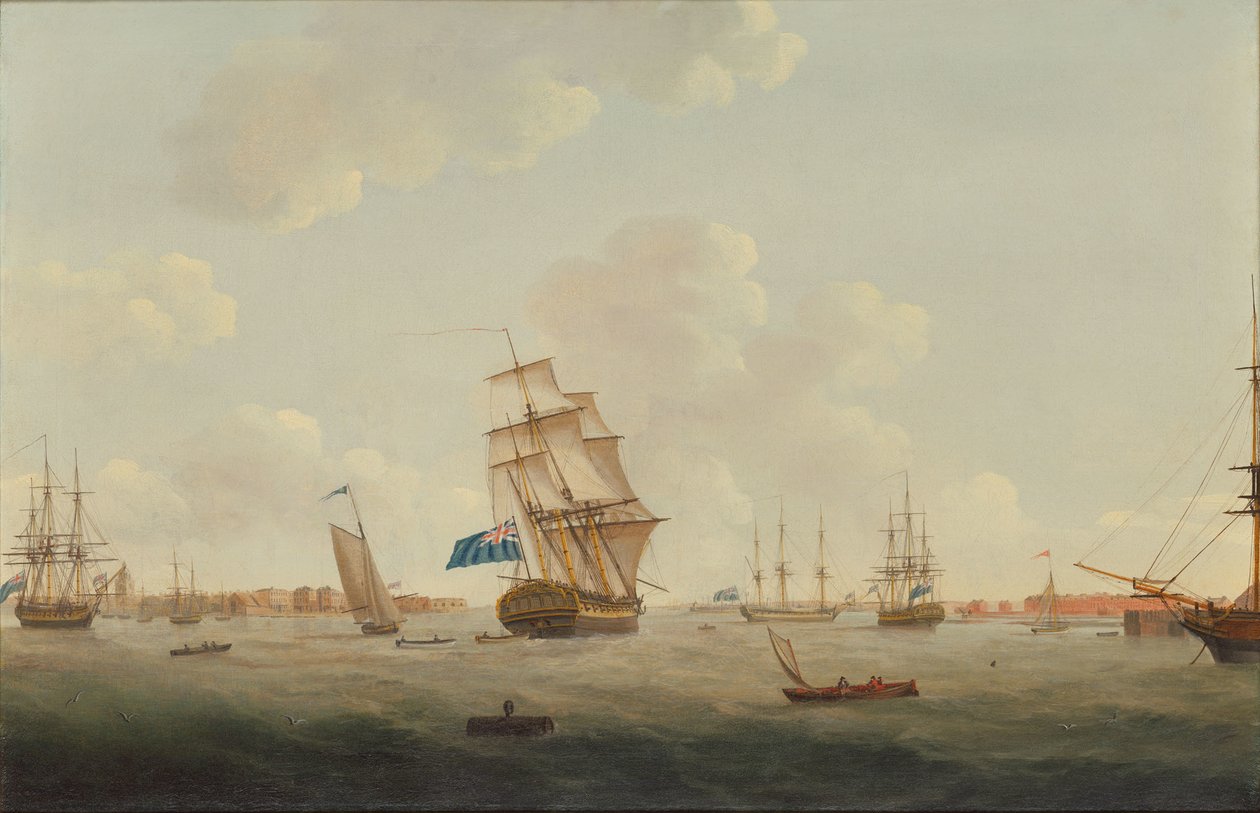 Ein Panorama des Hafens von Portsmouth mit Kriegsschiffen und anderen Schiffen von Thomas Elliott