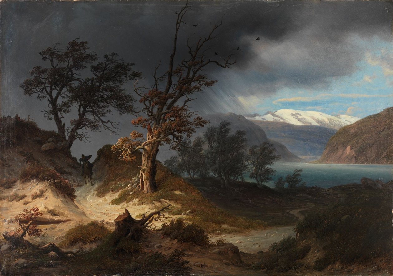 Stürmische Landschaft mit einem Reiter von Thomas Fearnley