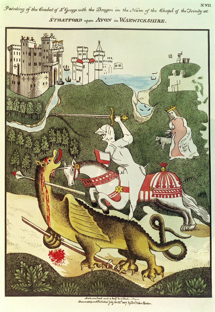 St. Georg und der Drache, nach einem Originalgemälde in der Kapelle der Dreifaltigkeit in Stratford Upon Avon, Warwickshire, 1804 von Thomas Fisher Hoxton