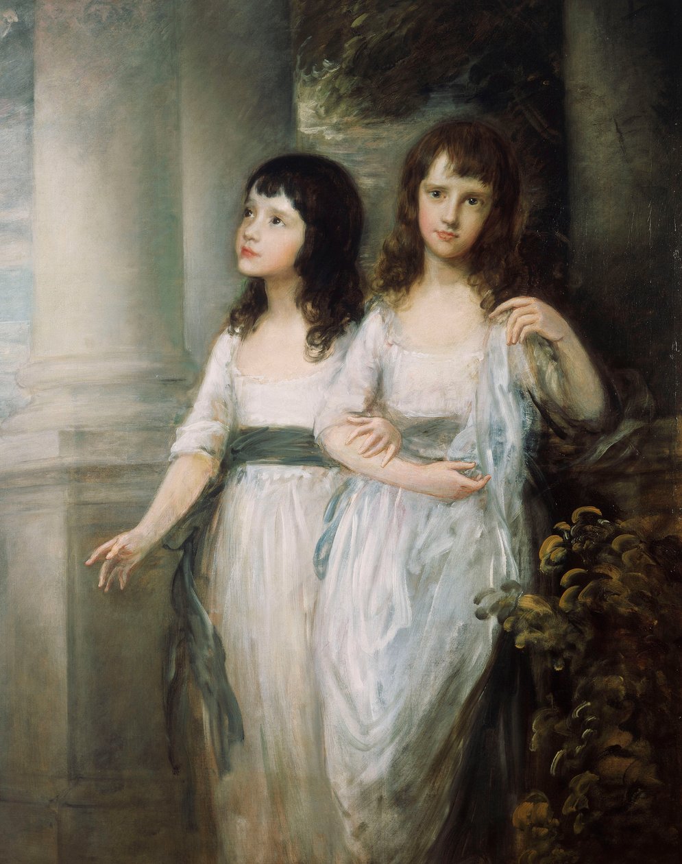 Gruppenporträt der Fräuleins Sloper, beide fast in voller Länge in weißen Kleidern mit blauen Schärpen von Thomas Gainsborough