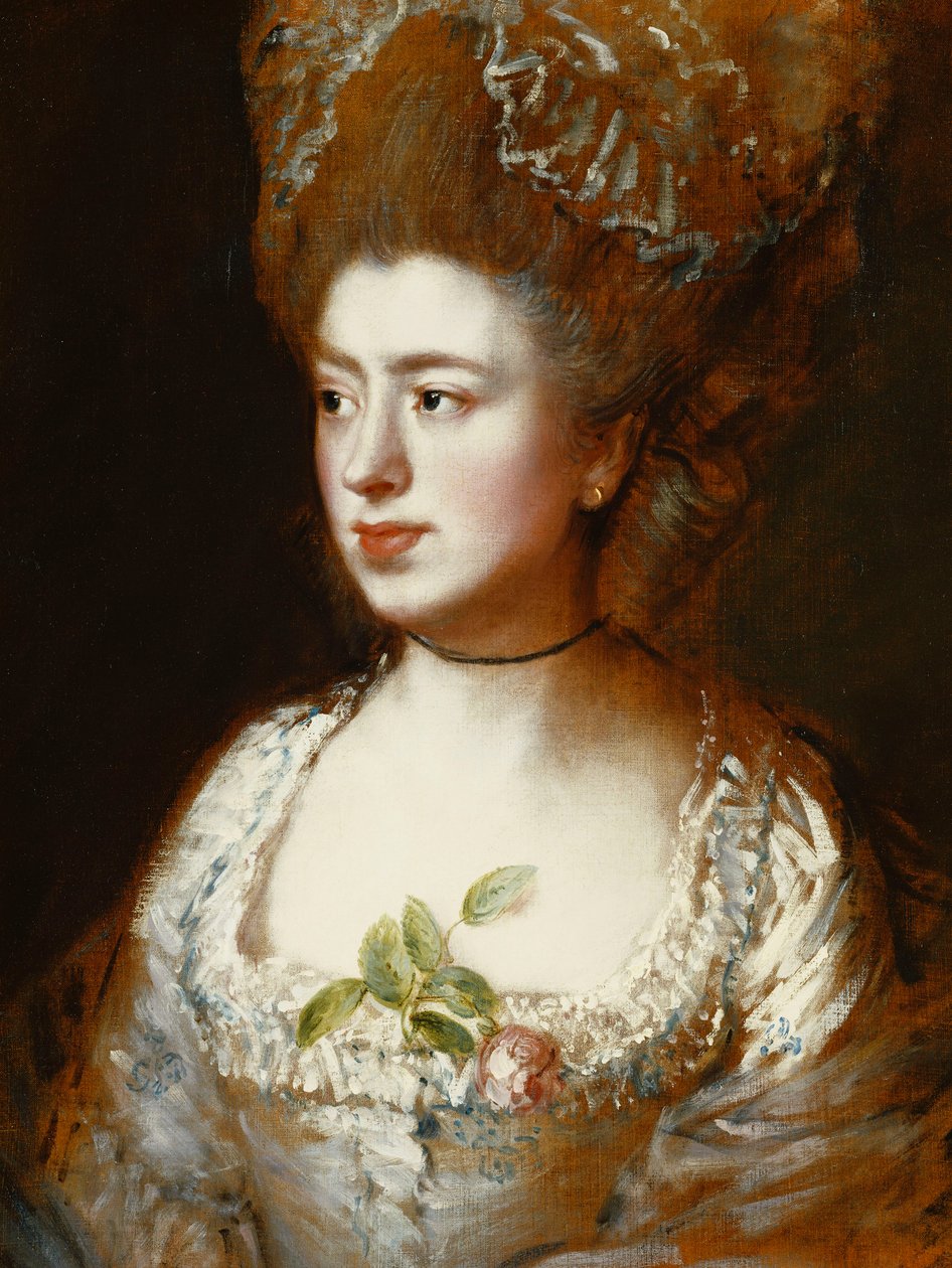 Porträt von Miss Mary Gainsborough, später Mrs. Fischer, die Tochter des Künstlers, Kopf und Schultern, nach rechts gewandt, in einem blau-weißen Kleid mit einer rosa Rose im Korsett von Thomas Gainsborough