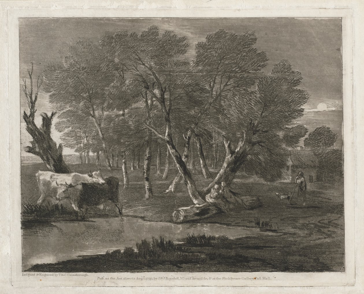 Waldlandschaft mit Kühen neben einem Teich, Figuren und Hütte von Thomas Gainsborough