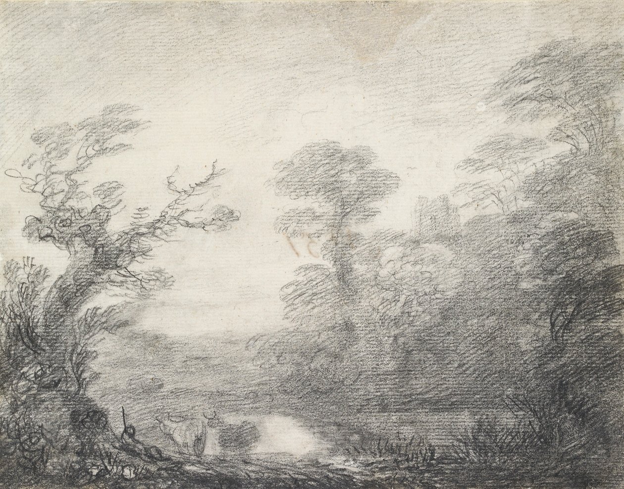 Waldlandschaft mit Hirten, Kühen und Kirchturm von Thomas Gainsborough