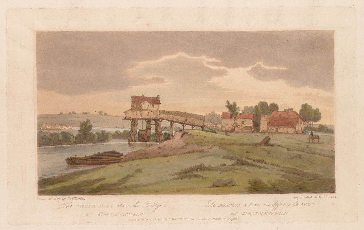 Eine Auswahl von zwanzig der malerischsten Ansichten in Paris: Die Wassermühle oberhalb der Brücke in Charenton von Thomas Girtin