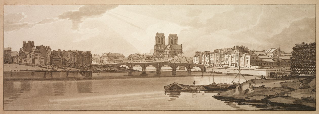 Auswahl von zwanzig der malerischsten Ansichten in Paris: Blick auf Pont de la Tournelle & Notre Dame vom Arsenal von Thomas Girtin