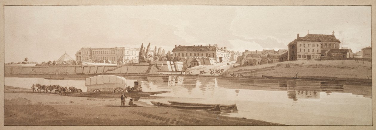 Eine Auswahl von zwanzig der malerischsten Ansichten in Paris: Ansicht des Palastes & Dorfes Choisi am Ufer der Seine von Thomas Girtin