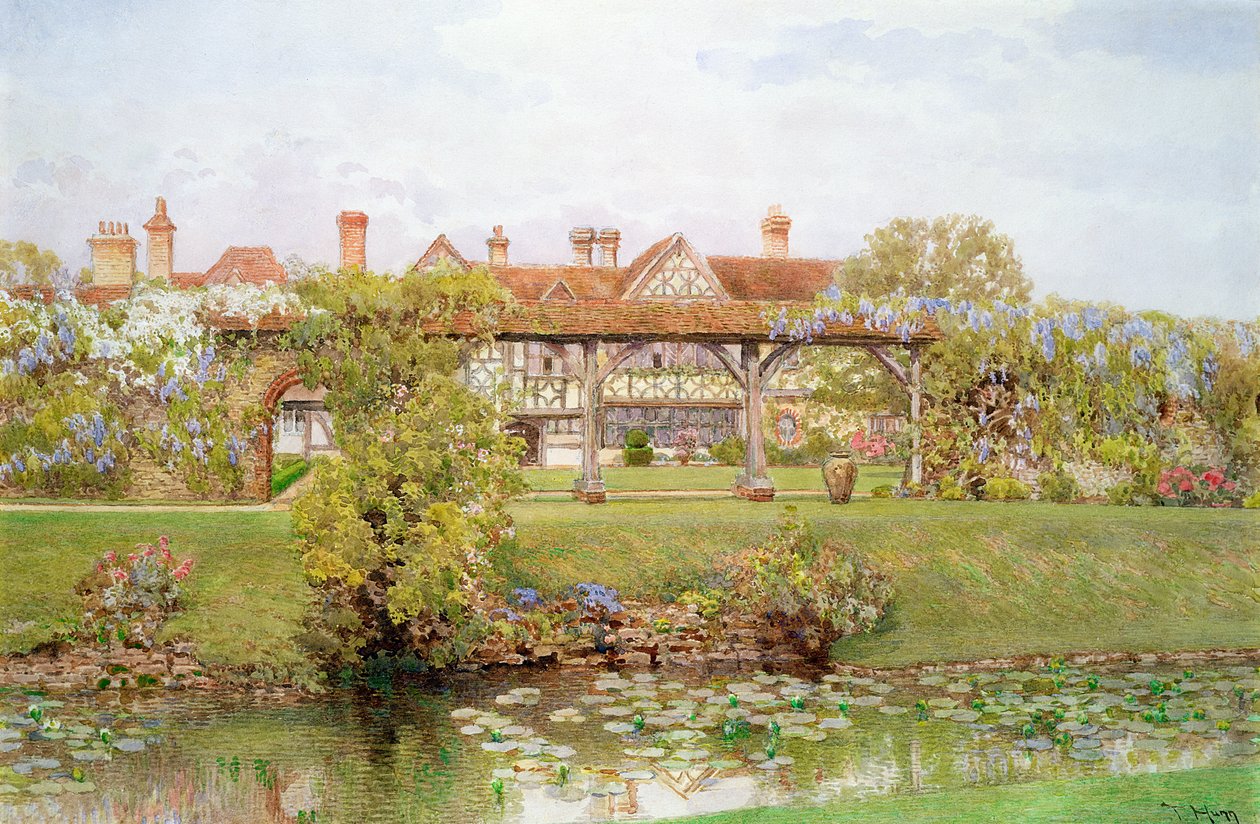Great Tangley Manor, Surrey, mit dem Seerosenteich und überdachtem Weg von Thomas H. Hunn