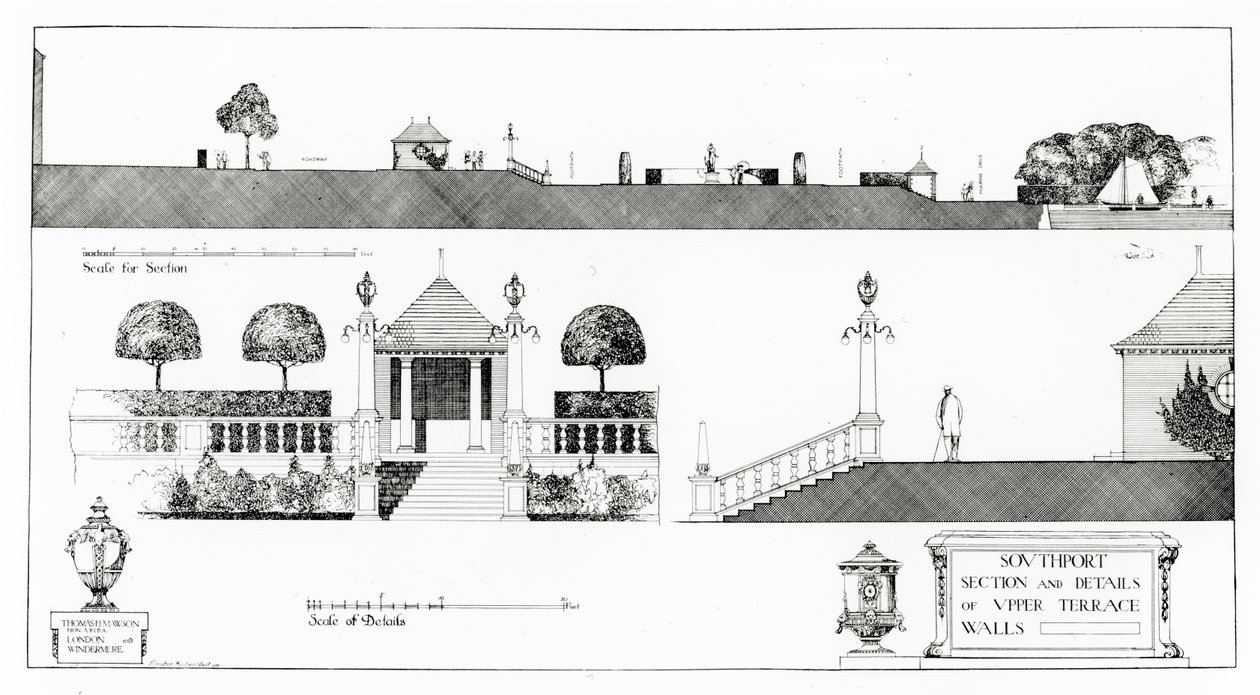 Southport: Abschnitt und Details der oberen Terrasse und Wände, aus Thomas Mawsons 