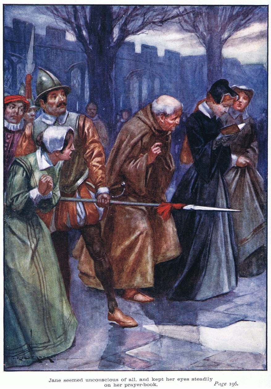 Jane schien sich dessen nicht bewusst zu sein und hielt ihre Augen fest auf ihr Gebetbuch gerichtet von Thomas Heath Robinson