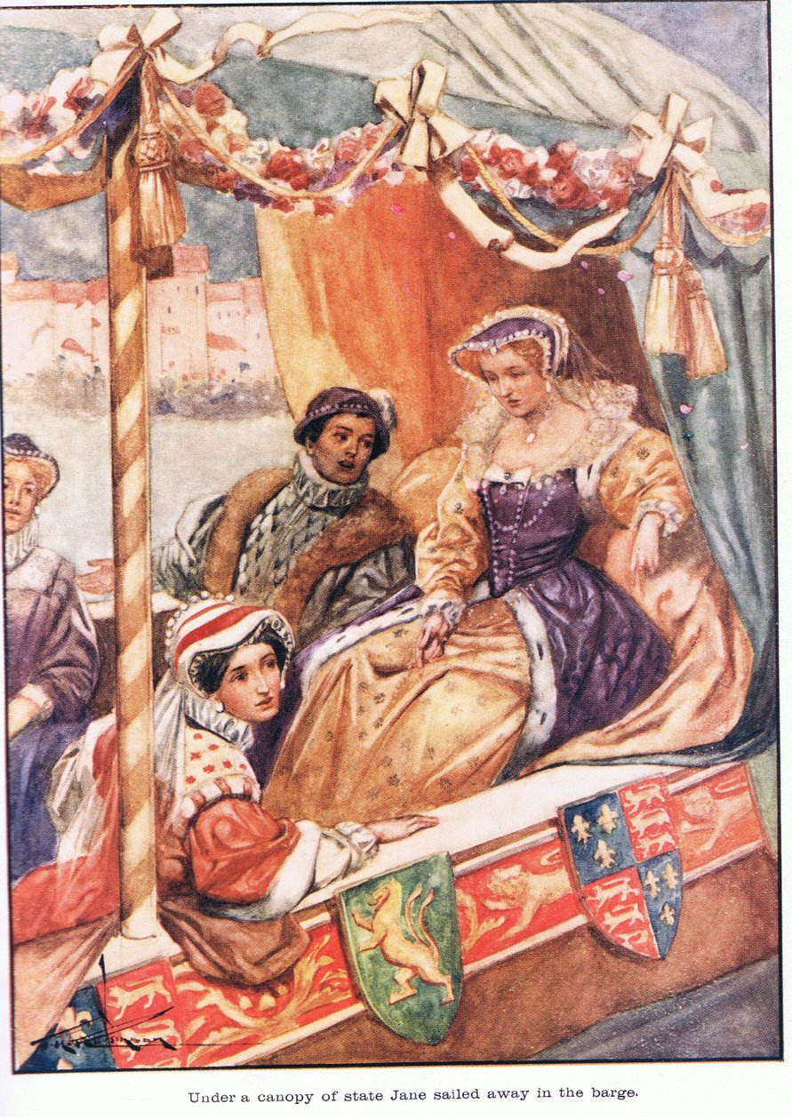 Unter einem Baldachin des Staates segelte Jane in der Barke davon von Thomas Heath Robinson
