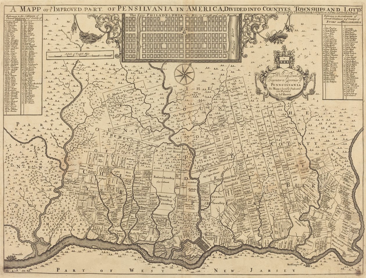 Eine Karte des verbesserten Teils von Pennsylvania in Amerika, unterteilt in Grafschaften, Gemeinden und Grundstücke von Thomas Holme
