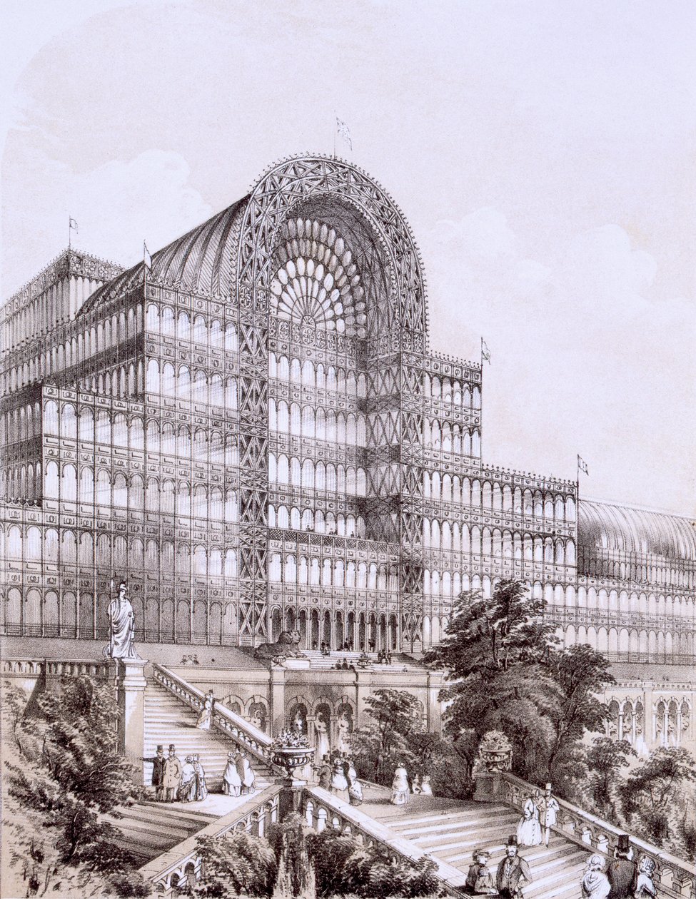 Crystal Palace in Sydenham, die Vorderseite des Großen Querschiffs, um 1851-55 von Thomas Hosmer Shepherd