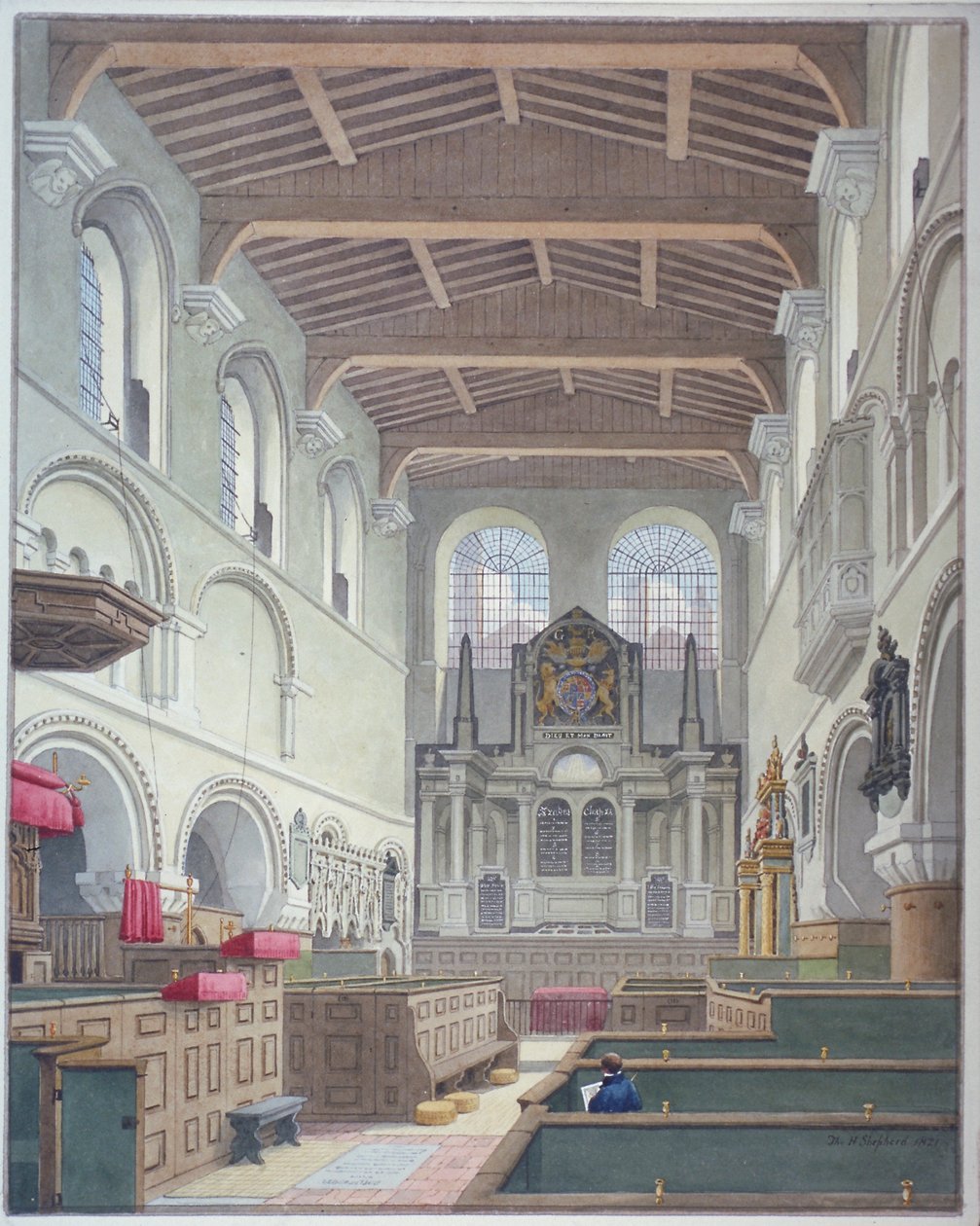 Innenansicht der Kirche St. Bartholomew-the-Great, Smithfield, City of London, 1821 von Thomas Hosmer Shepherd