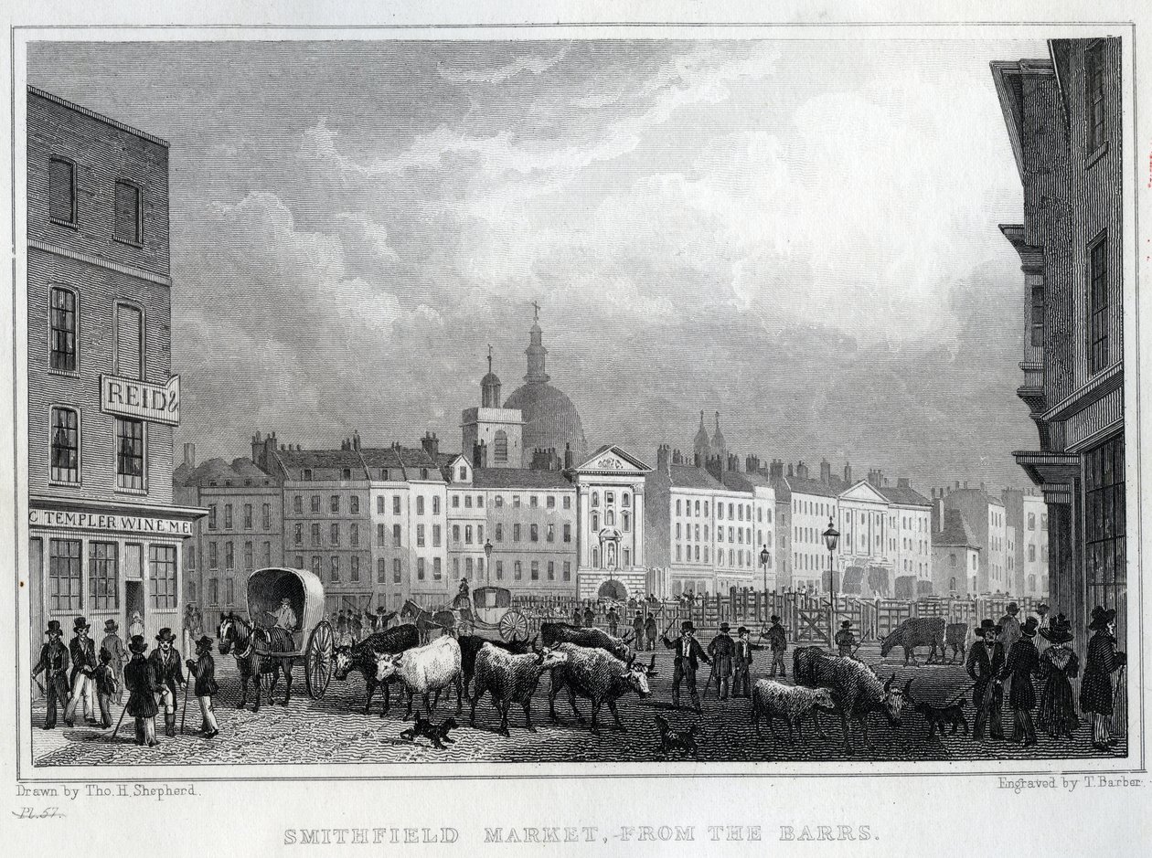Smithfield Market von den Barrs, graviert von Thomas Barber, ca. 1830 von Thomas Hosmer Shepherd