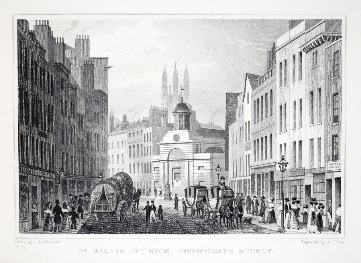 St. Martin Outwich, Bishopsgate Street, aus London und seine Umgebung im neunzehnten Jahrhundert, veröffentlicht von Jones und Co., 1827-1829 von Thomas Hosmer Shepherd
