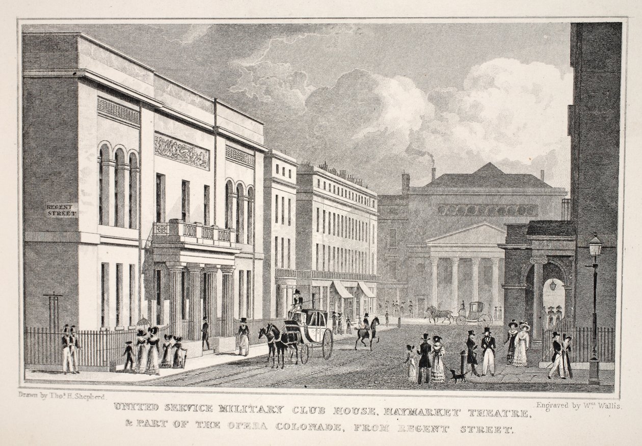 United Service Military Club House, Haymarket Theatre und ein Teil der Opernkolonnade von der Regent Street, aus 