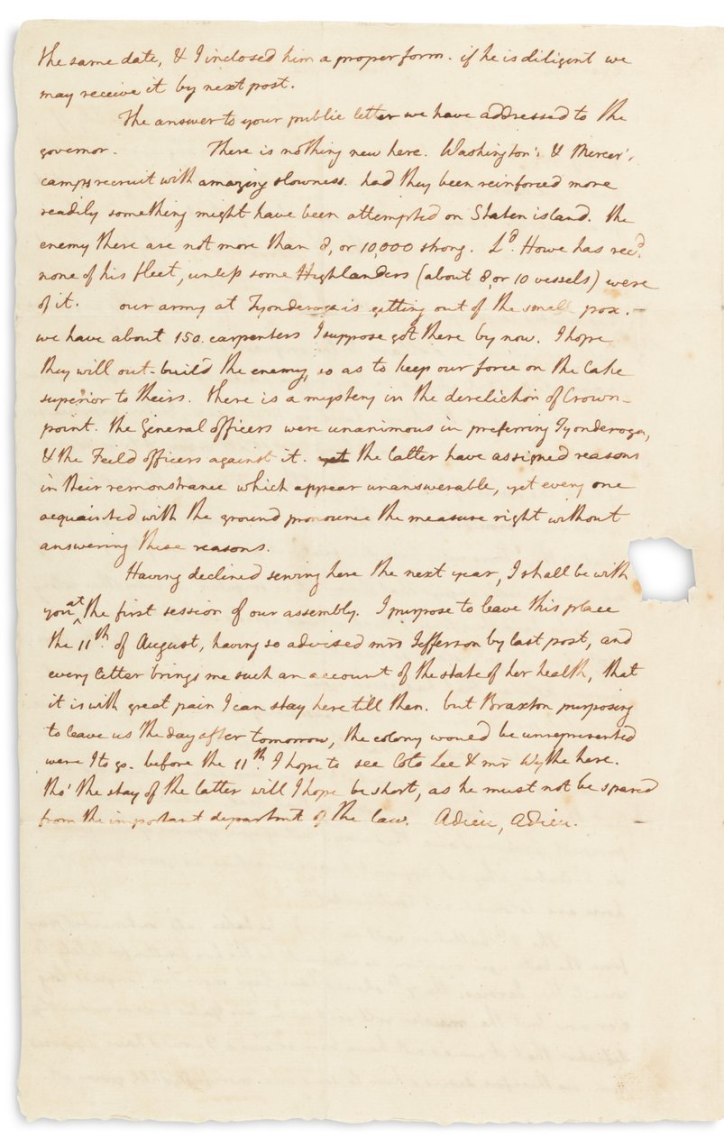 Autographenbrief an John Page, Philadelphia, 30. Juli 1776 von Thomas Jefferson