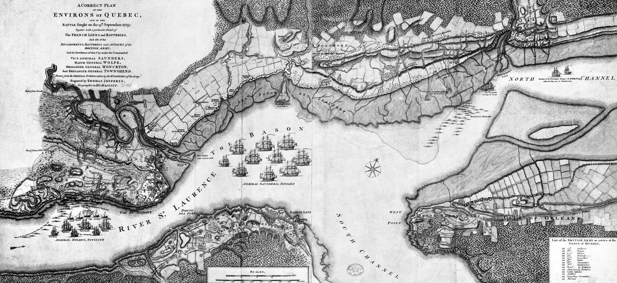 Ein korrekter Plan der Umgebung von Quebec und der Schlacht vom 13. September 1759 von Thomas Jefferys