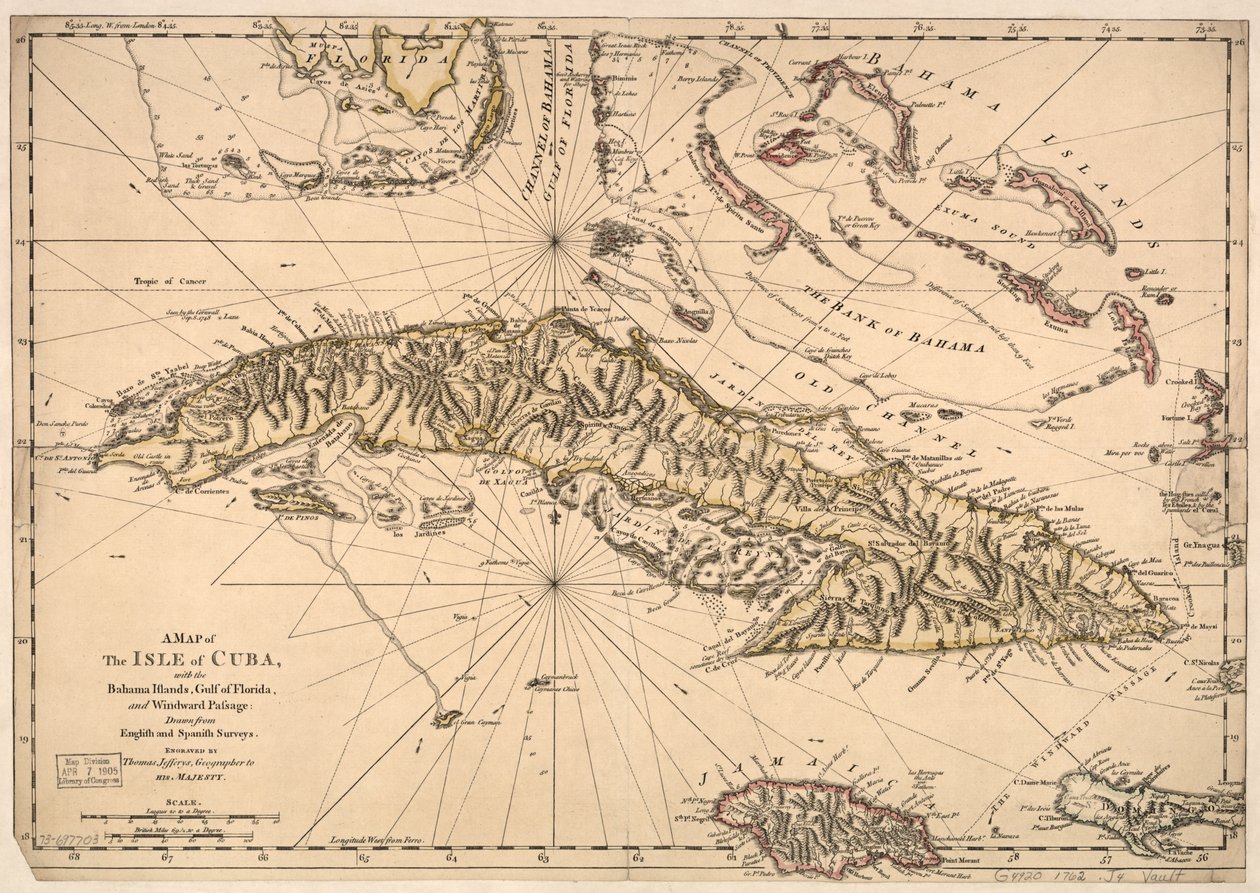 Karte der Insel Kuba mit den Bahamas, dem Golf von Florida und der Windward-Passage von Thomas Jefferys