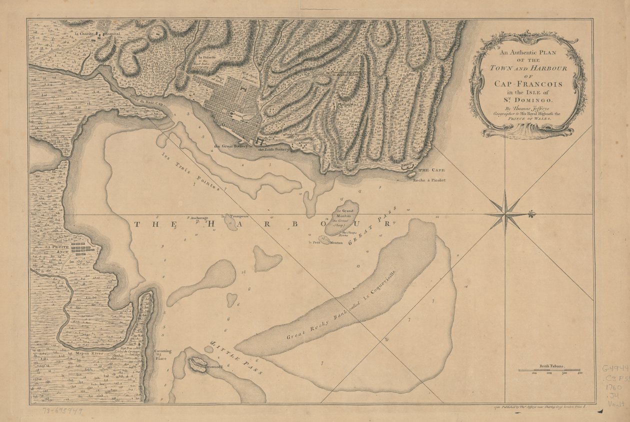 Ein authentischer Plan der Stadt und des Hafens von Cap-François auf der Insel St. Domingo von Thomas Jefferys
