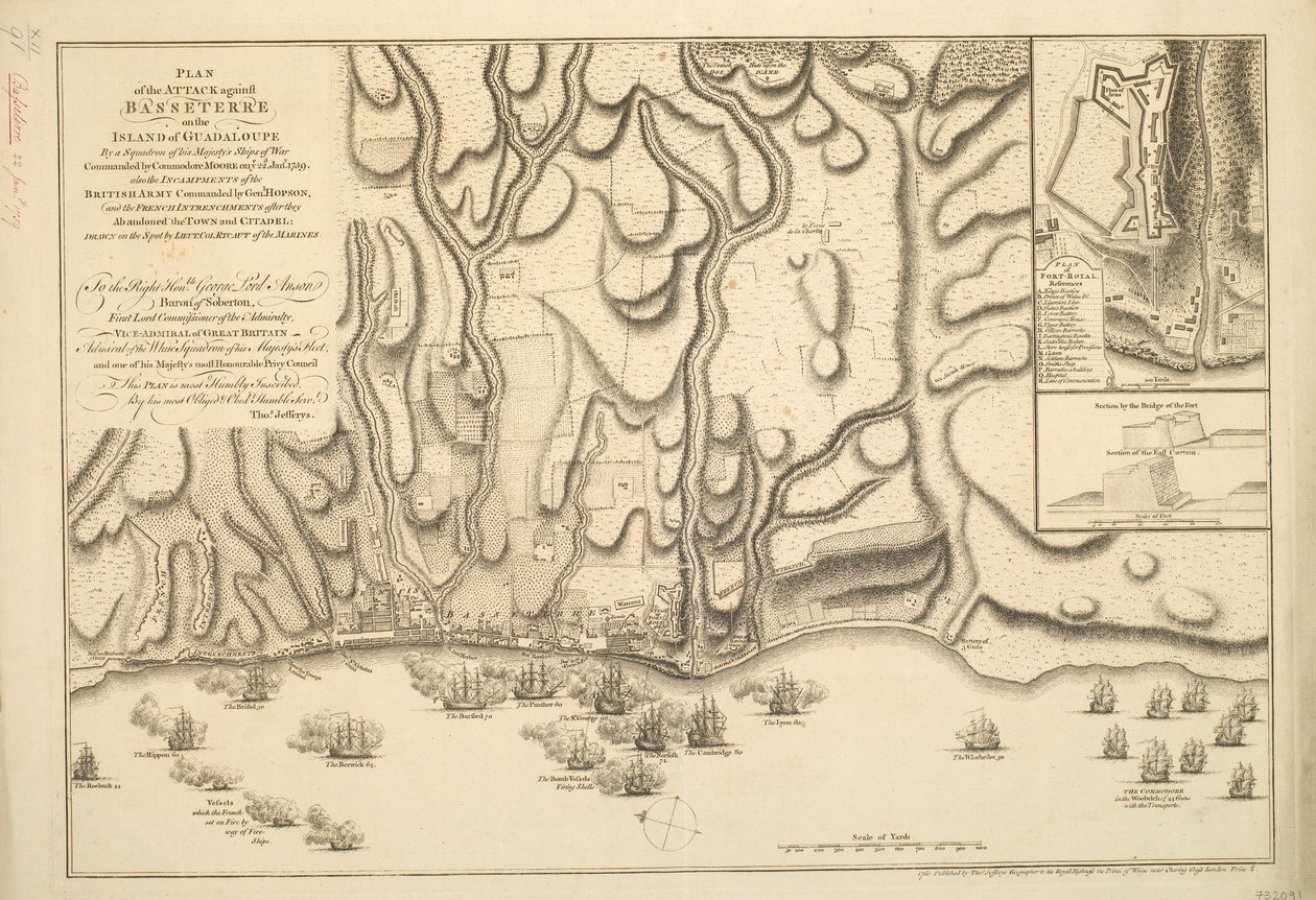 Plan des Angriffs auf Basseterre auf der Insel Guadeloupe durch ein Geschwader von Kriegsschiffen seiner Majestät unter dem Kommando von Commodore Moore am 22. Januar 1759, auch die Lager des britischen Heeres unter dem Kommando von General Hopson und die  von Thomas Jefferys