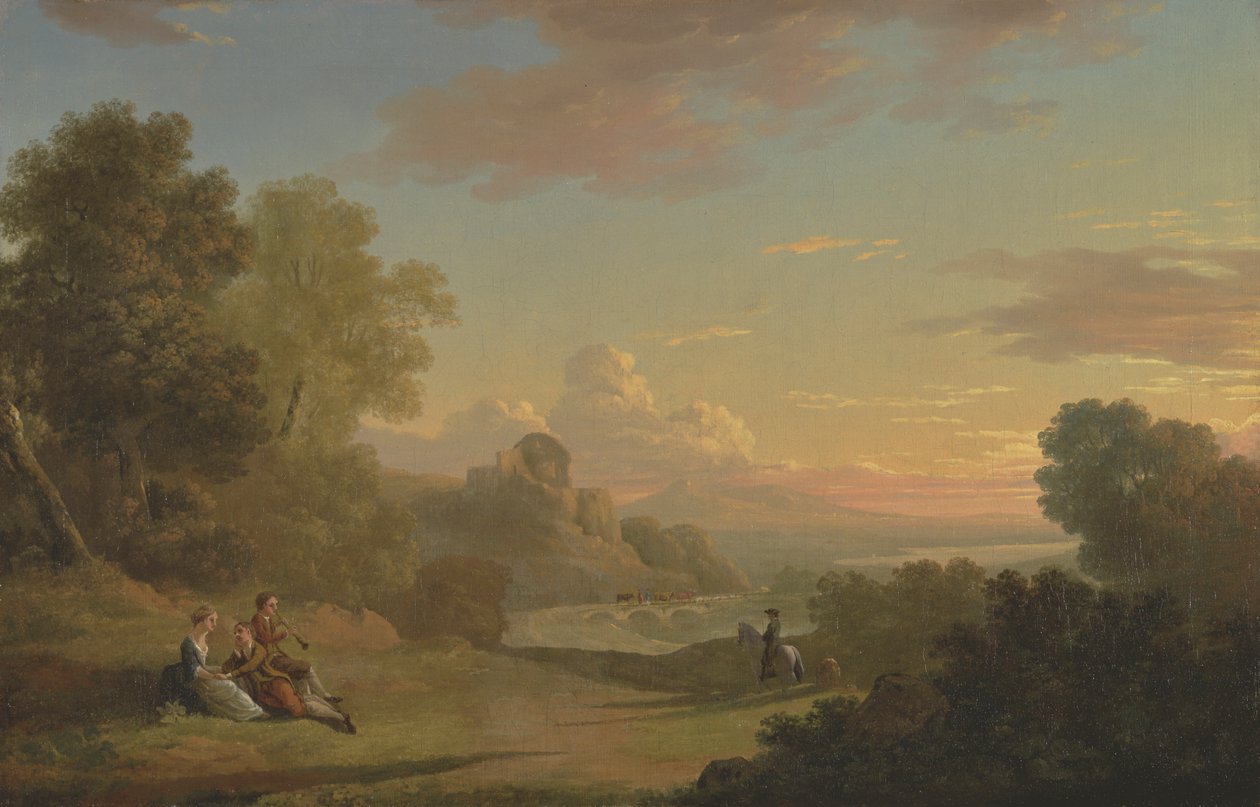 Eine imaginäre Landschaft mit einem Reisenden und Figuren, die auf die Bucht von Baiae blicken von Thomas Jones