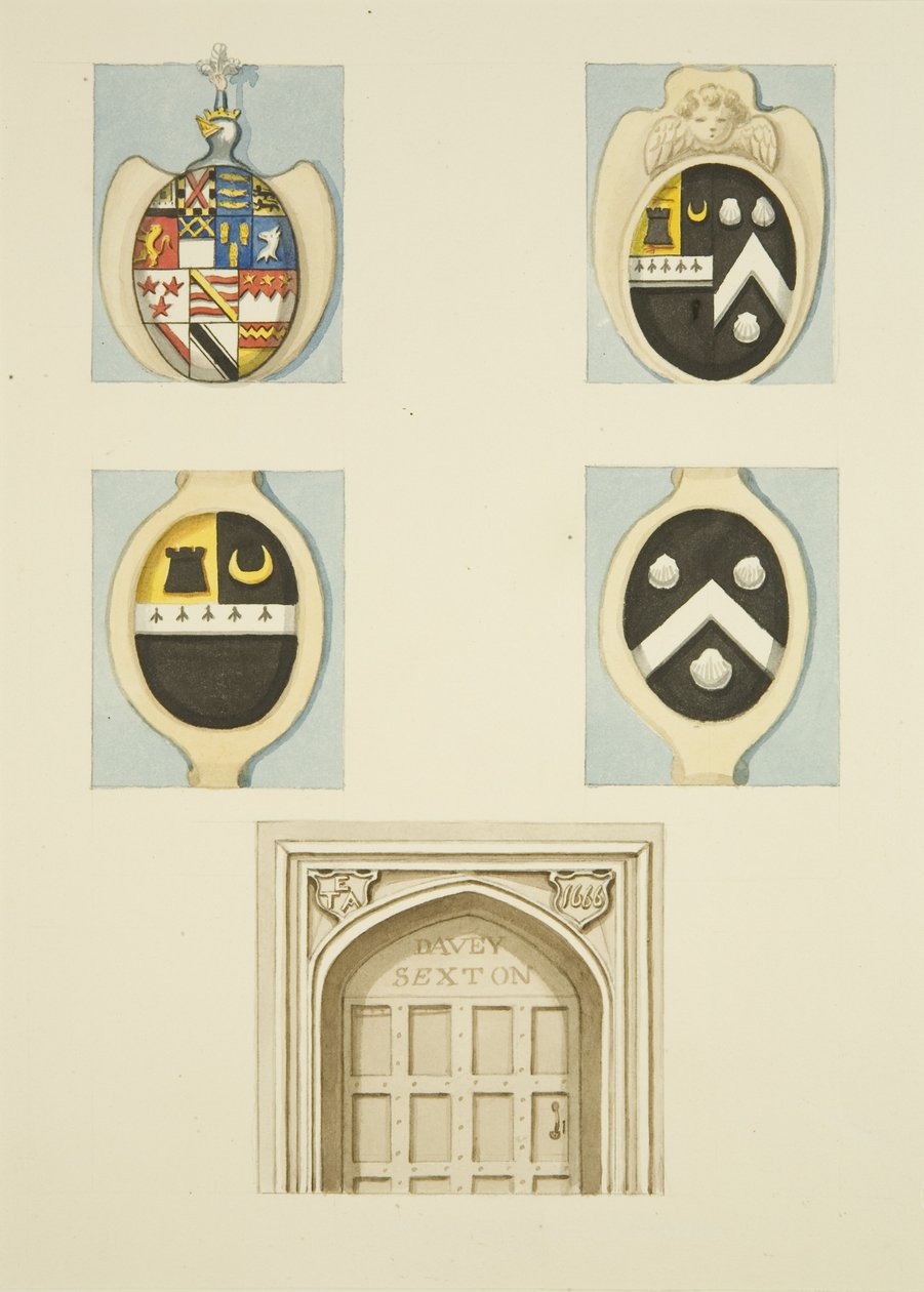Wappen und Zwickel über der Tür im Sexton