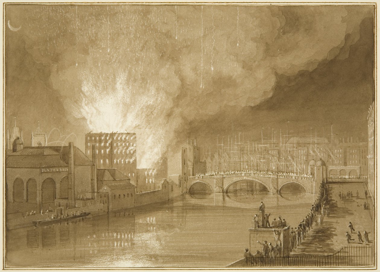 Feuer im Old Sugar House, Tucker Street von Thomas Leeson the Elder Rowbotham