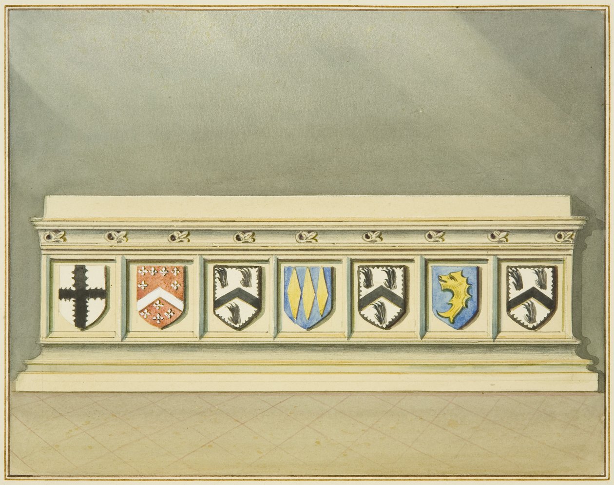Heraldik auf dem Grab von Walter Frampton in der St John