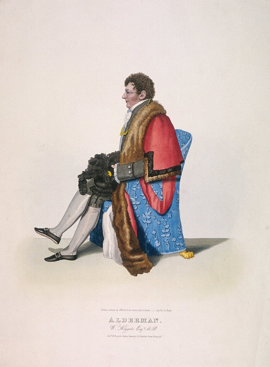 Alderman Sir William Heygate, sitzend und in bürgerlicher Tracht mit Robe und Hut, 1825 von Thomas Lord Busby