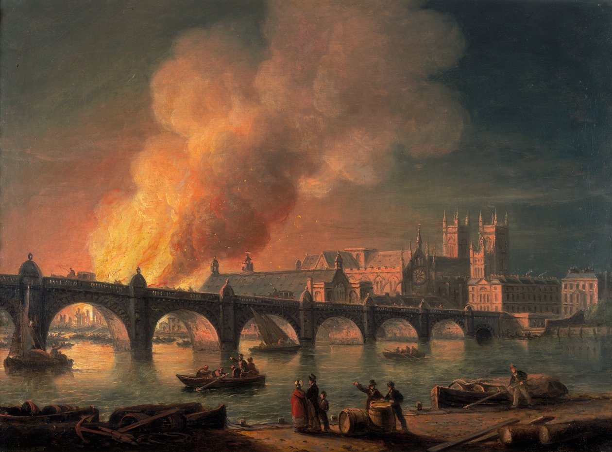 Westminster Bridge und der Brand der Houses of Parliament von Lambeth, 1835 von Thomas Luny