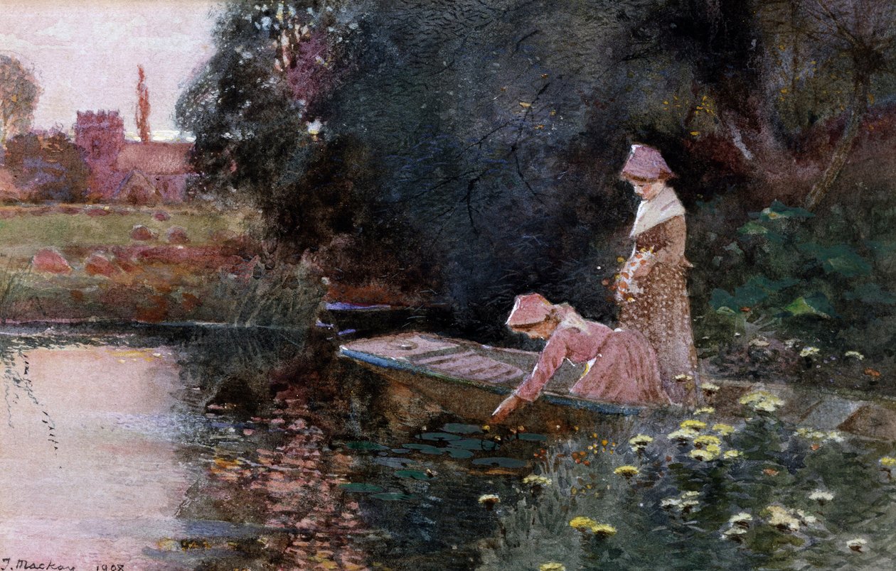 Seerosen pflücken. Zwei junge Mädchen in einem Boot auf einem Teich sammeln Seerosen. Gemälde von Thomas Mackay (1851-1920) von Thomas Mackay