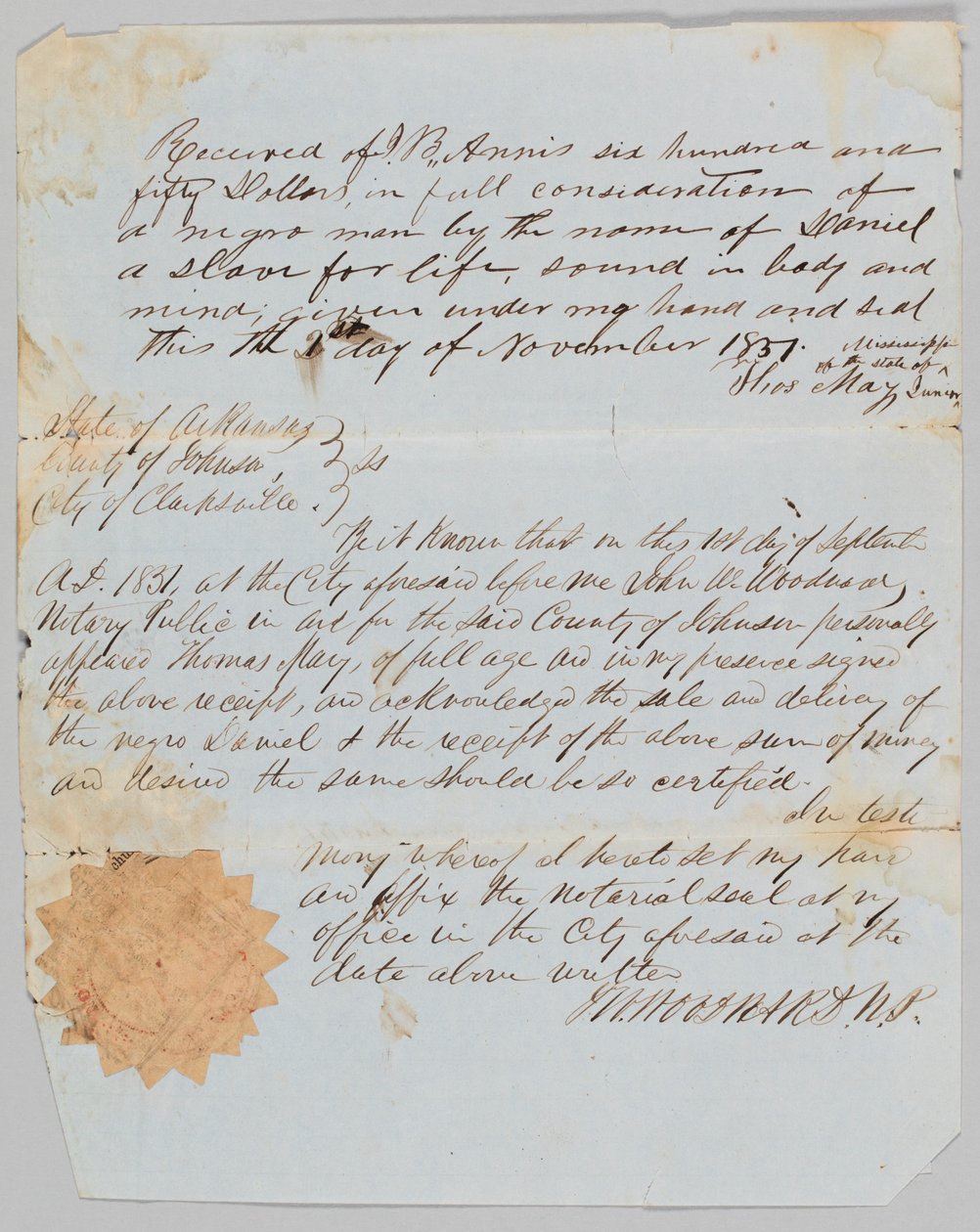 Kaufvertrag für einen Mann namens Daniel an Jerome B. Annis von Thomas May